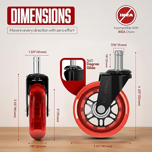 Wheels Xela Red Office Chair Wheels, Set of 5, 3 Inch Heavy-Duty Replacement Rubber Wheels for Desk & Gaming Chair are Easy to Install & Suitable for All Floor Types