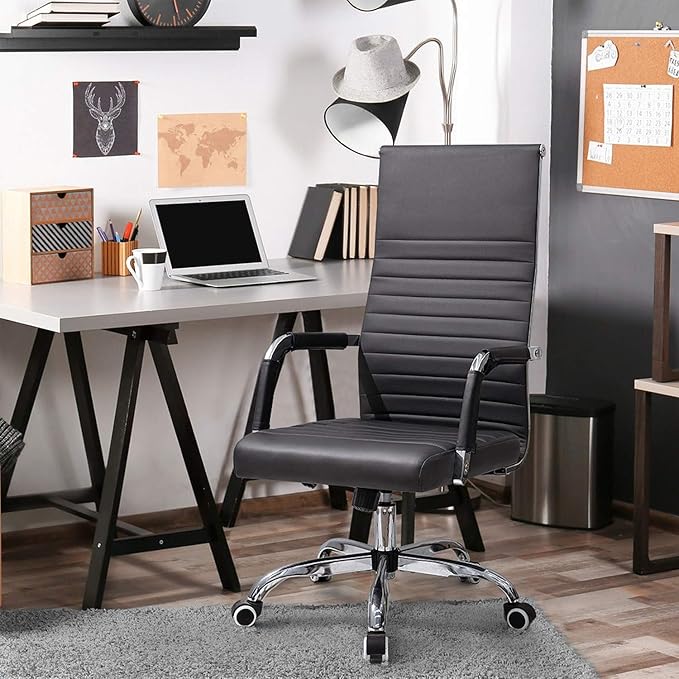 Ribbed Office Chair High Back PU Leather Desk Chair Adjustable Swivel Task Chair Computer Chair with Armrest for Conference Study Leisure (Black)