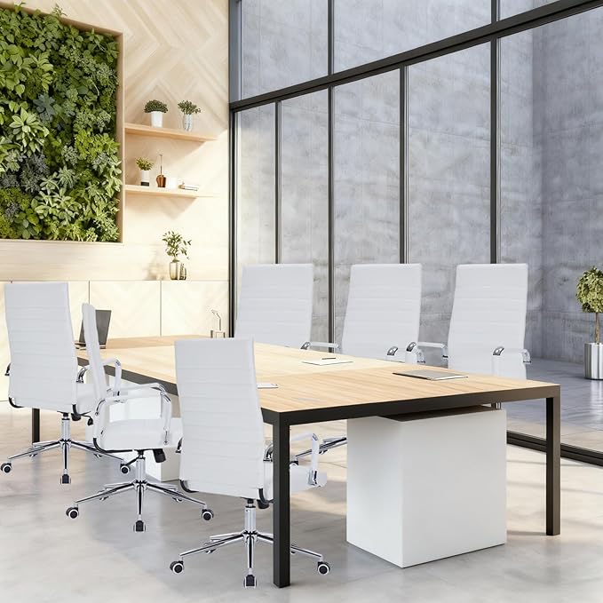 White Leather Ribbed Office Desk Chair, Ergonomic High-Back Executive Conference Room Chairs with Wheels, Adjustable Swivel Computer Task Chair with Arms and Thick Padded Seat