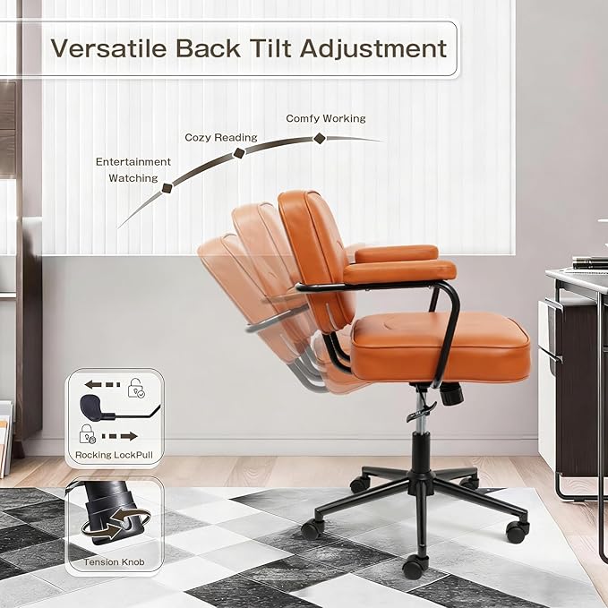 Home Office Chair, Ergonomic Desk Chair with Lumbar Support, Adjustable Height Rolling Swivel Task Chair with Armrests, PU Leather, for Meeting,Study Room （Brown）