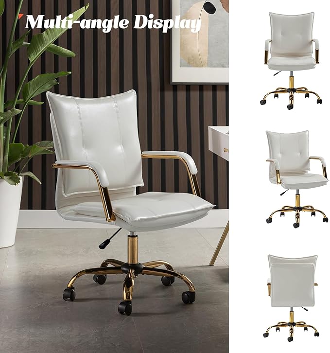 HULALA HOME Faux Leather Home Office Desk Chair, Adjustable Swivel Computer Chair with Golden Legs and Arms, Comfy Upholstered Task Chair, White