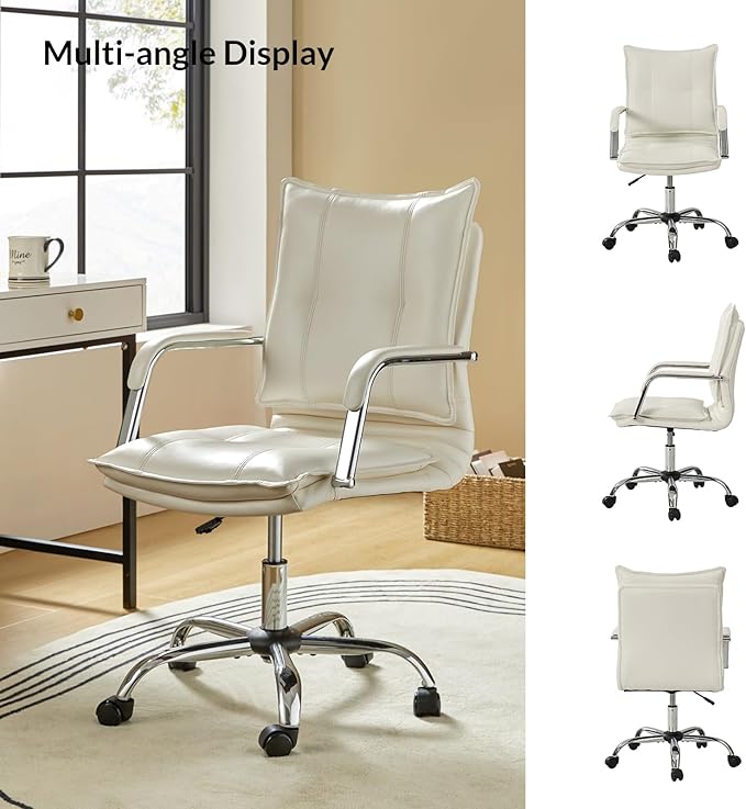 HULALA HOME Faux Leather Home Office Desk Chair, Adjustable Swivel Computer Chair with Sliver Legs and Arms, Comfy Upholstered Task Chair(White)
