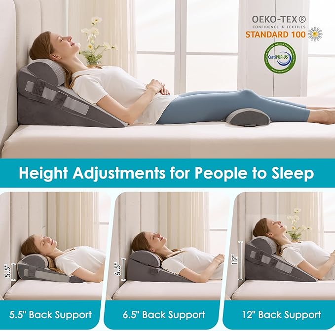 4Pcs Wedge Pillow Set for After Surgery,Acid Reflux Relief, Adjustable Bed Wedge Pillows for Sleeping,Anti Snore, Memory Foam Triangle Pillow for Back&Neck&Shoulder Pain Relief, Grey