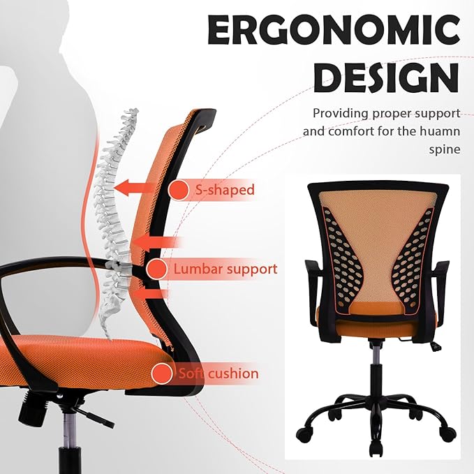 Modern Ergonomic Office Chair - Adjustable Mesh Computer Chair with Lumbar Support & Arms, Comfortable Mid Back Swivel Chair for Home Office, 360° Smooth Rolling (Orange)