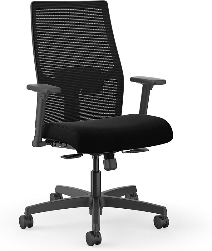 HON Ignition 2.0 Mid Back Task Chair, Standard Synchro-Tilt Control, Office Chair with Lumbar Support, Height and Width Adjustable Arms, Black Frame, Black