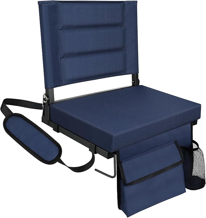 Stadium Seats with Back Support,Bleacher Chairs with Cushion, Portable Folding Stadium Chair with Removable Cushion and Large Pocket for School Events Sports Game(Navy Blue)