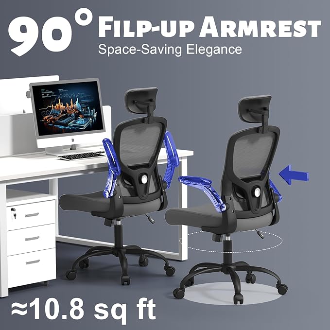 Ergonomic Office Chair - Adjustable Lumbar Support and Headrest, High Back Desk Chair with Flip-Up Arms for Home Office, 90-120° Tilt & Swivel Rolling Task Chair (Grey6076)
