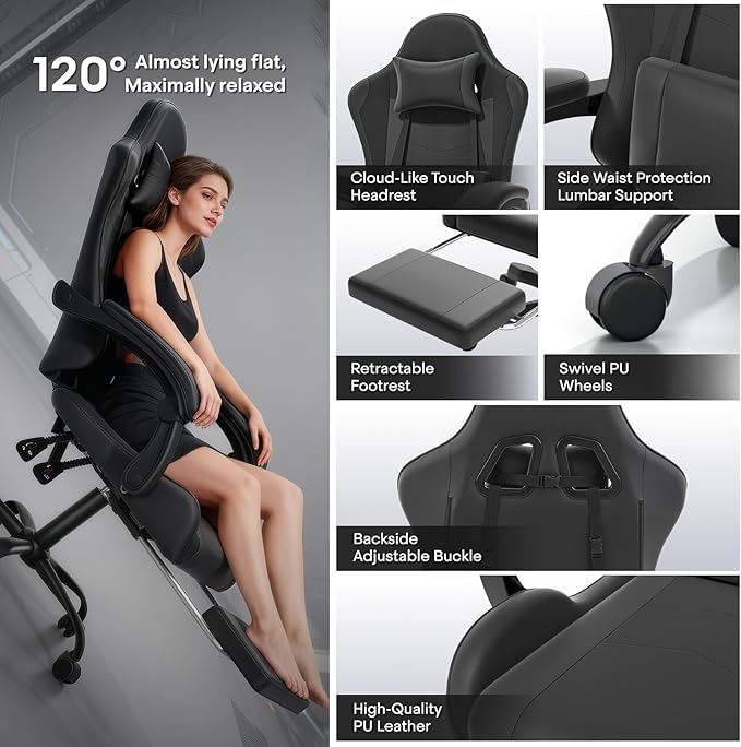 Athena Collection Gaming Chair, Ergonomic Gaming Chair with Footrest & Headrest Lumbar Support, Height Adjustable Swivel Computer Chair Office Chair Adults(Carbon Fiber Black)