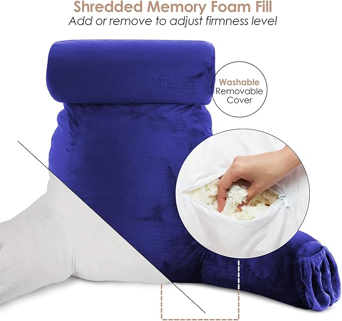 Clara Clark Reading Pillow with Shredded Memory Foam Includes 2 Neck and Lumber Support Pillows, Designed for Sitting Up in Bed and Couch Back and Arms Adjustable Support for Adults & Teens Royal Blue
