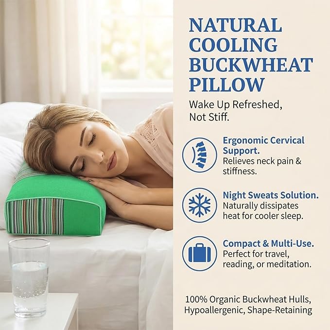 Adjustable Buckwheat Hull Pillow for Neck Pain Relief (21x8x4) Natural Cooling Cervical Support Camping Pillow for Side & Back Sleepers with Night Sweats (Green)