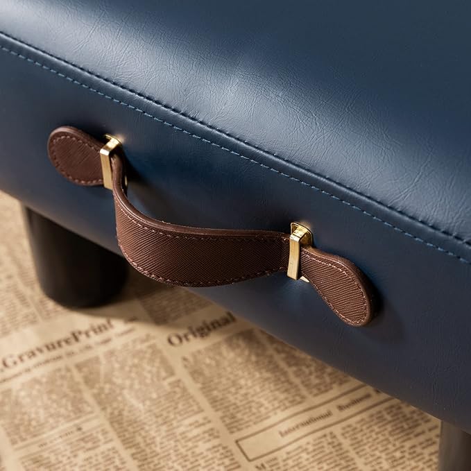Small Foot Stool with Handle, Blue PU Leather Short Foot Stool Rest, Rectangle Storage Foot Stools Ottoman with Plastic Legs, Padded Footstool Small Step Stool for Living Room, Office, Desk, Patio