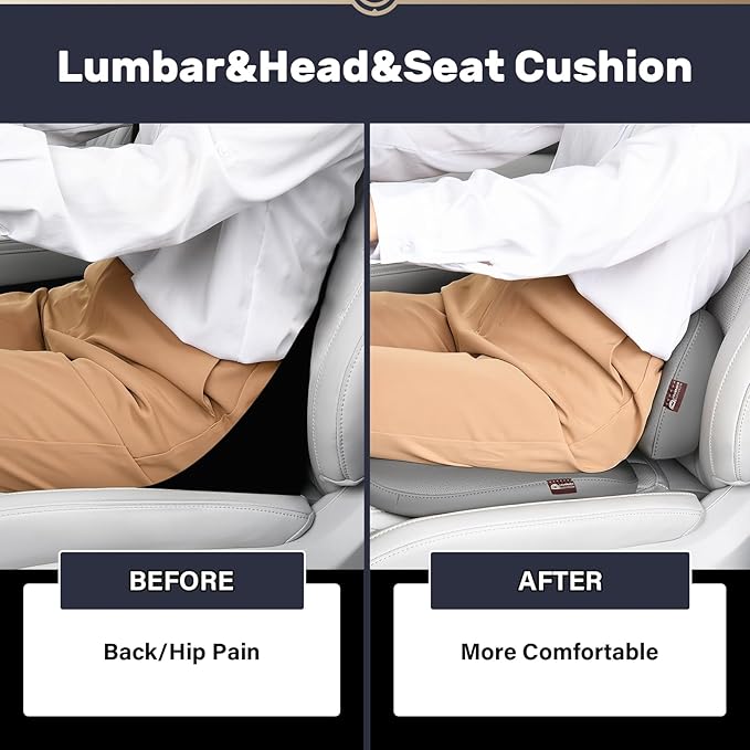 Coverado Seat Cushion and Lumbar Support Pillow for Driving Seat, Neck Headrest Pillow with Adjustable Strap, Soft and Breathable PU Leather, High Density Memory Foam for Neck & Lower Back Pain Relief