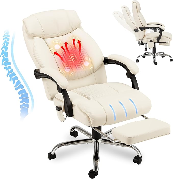 HOMREST Heated Office Chair with Vibrating Massage, Ergonomic Executive Desk Chair with Retractable Footrest and Lumbar Support, High-Back Reclining PU Leather Computer Chair for Home Office (Beige)