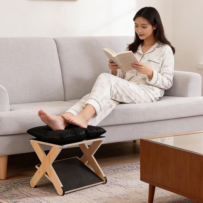 Foot Rest for Under Desk, Ergonomic Foot Stool Non-Slip Wooden Leg Rest Support with Comfortable Cushion for Office Desk at Work Home Use Enhances Posture