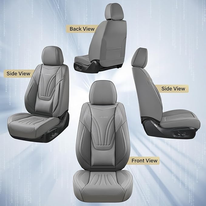 Coverado Car Seat Covers Front Seats, 2 Piece Car Seat Protector with Lumbar Support & Removable Headrest, Breathable Leather Seat Cushion Universal Fit for Truck Automotive Vehicles Gray