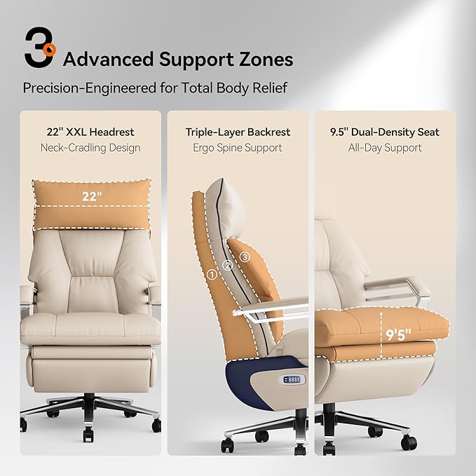 OKUP® M80A Dual Motor Electric Executive Office Chair with Heat Massage Ventilation, Comfortable Reclining Office Chair Wide Seat, Ergonomic Leather Home Office Desk Chair (Beige,Multi-Functionality)