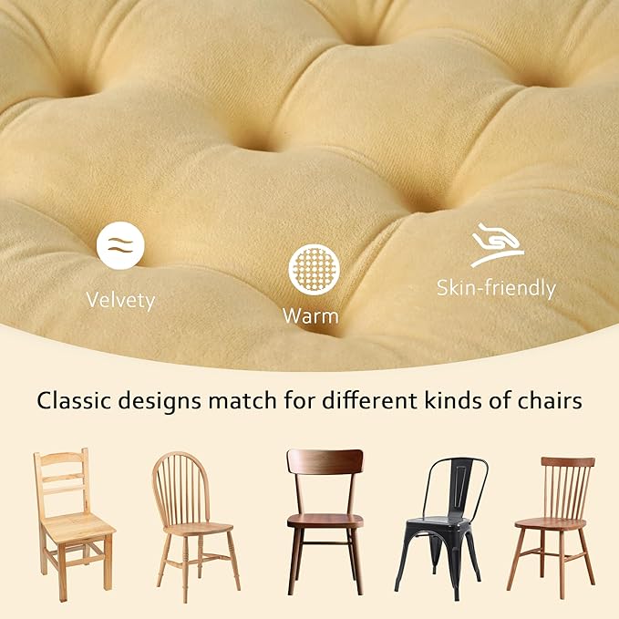 ELFJOY 4 Pack Chair Cushions for Dining Chairs Indoor Kitchen Seat Cushions with Ties Tufted Square Seat Pas for Kitchen Dining Office Room (16" Cream Yellow Velvet)