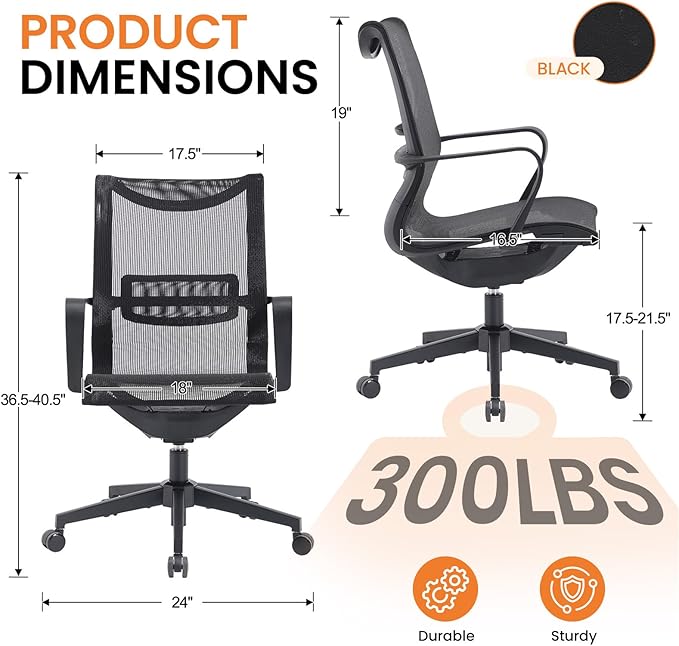 LuxErgo Ergonomic Mesh Office Chair, Mid Back Desk Chair with Lumbar Support & Armrests, Height Adjustable, 115° Recline, 360° Swivel Rolling Task Chairs for Home Office, Black