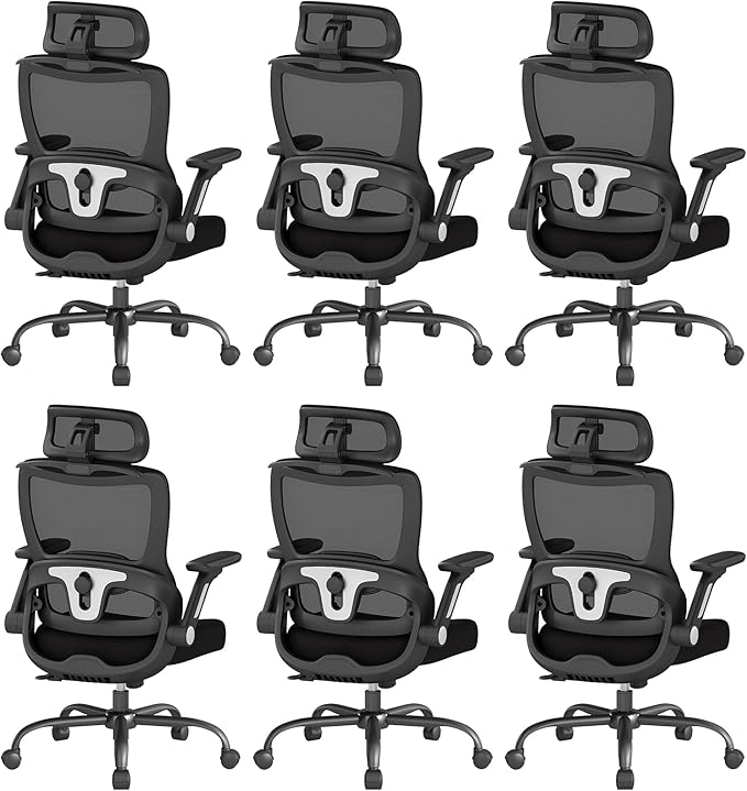 Ergonomic Office Chair, Home Computer Chair with 3D Adjustable Headrest and 4D Flip-Up Armrests, Adjustable Lumbar Support, Suitable for Office and Study, 6PC, Black