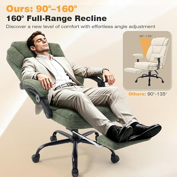 400lbs Ergonomic Reclining Office Chair with Footrest, Plus Size Big Tall Leather Recliner Office Desk Chairs with Foot Leg Rest, Green