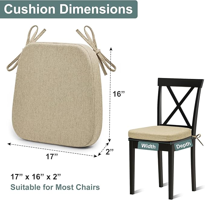 Shinnwa Dining Chair Cushions, Patented Design Molded Memory Foam Seat Cushions for Dining Chairs with Ties and Washable Cover, 17" x 16" x 2", Natural Linen
