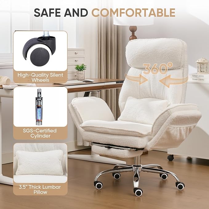 Big and Tall Office Chair with Flip Armrests, Cross Legged Office Chair with Storage Pockets, Comfortable Reclining Computer Chair with Foot Rest, Wide Home Desk Chair, Teddy Fleece, Cream