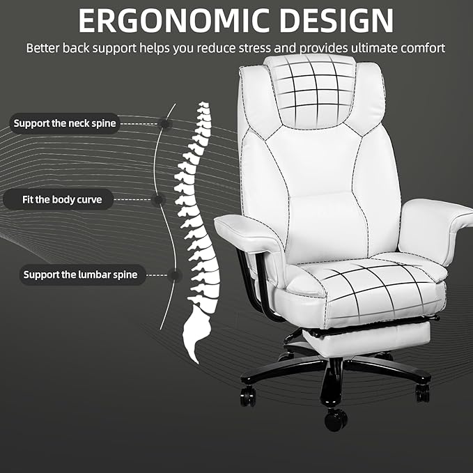 Reclining Office Chair with Footrest, Big and Tall Home Office Desk Chairs 400lbs with High Back, Criss Cross Wide Seat, Heavy Duty Base, Pu Leather, White