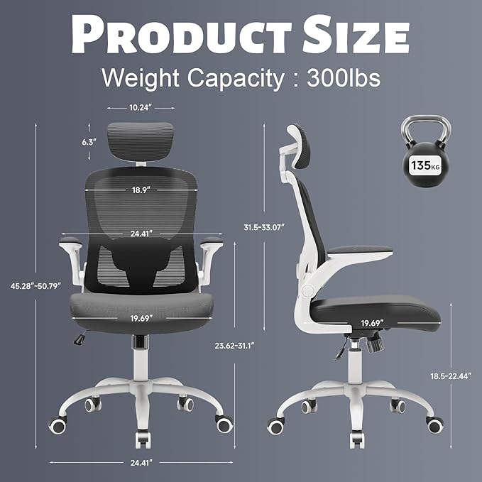 Office Computer Desk Chair - Lumbar Support and Headrest, Ergonomic Mesh Back Swivel Task Chair,Flip-Up Arms for Desk Work, 90-120° Tilt Rolling Chair for Home Office(White-Black6076)