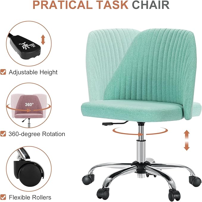 DUMOS Office Chair, Comfy Desk Chair Rolling Vanity Swivel Task Chairs with Wheels, Wide Seating Armless Height Adjustable Computer Chairs for Home,Bedroom,Student,Adults, Green