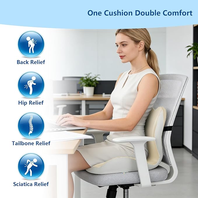 Orthopedic Memory Foam Seat Cushion with Adjustable Strap, Coccyx & Sciatica Pain Relief, Washable Non-Slip for Long Sitting, Ergonomic Posture Support for Office Chair, Car & Wheelchair (Beige Grey)