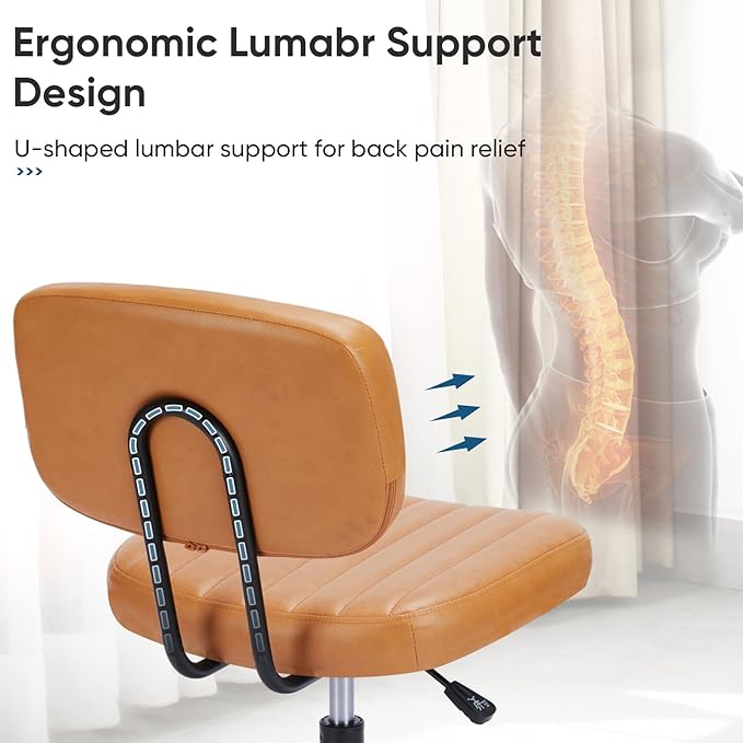 DUMOS Armless Small Home Office Desk Chair - Vanity Task Chair with Low Back, Height Adjustable PU Leather Swivel Computer Chair with 360° Rolling Wheels, Vanity, Bedroom, Deep Brown
