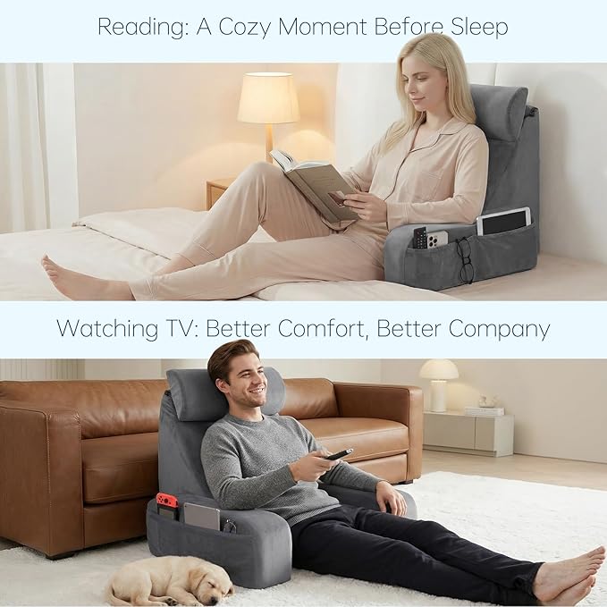 ENITYA 19" Back Support Pillow,Reading Pillow with Attached Arms & Large Pockets, Removable Washable Cover, Wedge for Sitting,Reclining,Watching TV,Post Surgery in Bed,Couch or Floor,Medium Firm,Grey