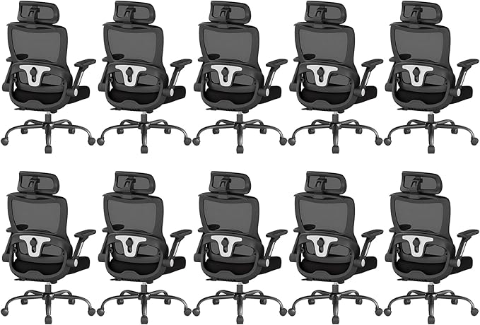 Ergonomic Office Chair, Home Computer Chair with 3D Adjustable Headrest and 4D Flip-Up Armrests, Adjustable Lumbar Support, Suitable for Office and Study, 10PC, Black