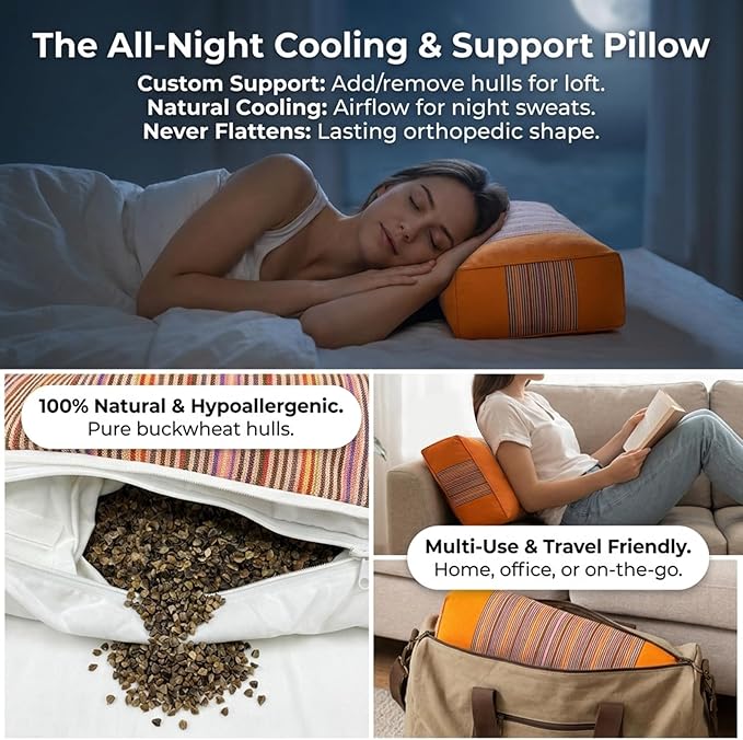 Adjustable Buckwheat Hull Pillow for Neck Pain Relief (21x8x4in) Natural Cooling Cervical Support Bed Pillow for Side & Back Sleepers with Night Sweats (Orange)