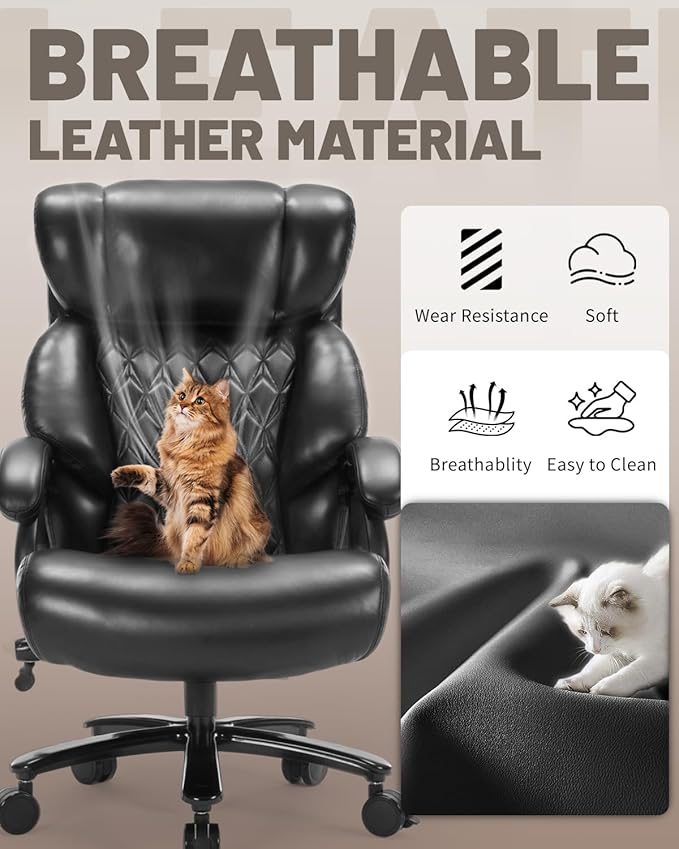 800LBS Heavy Duty Office Chair & Massage Footrest Big & Tall Executive Chair with Adjustable Lumbar Support, PU Leather, Extra Wide Seat for Comfort