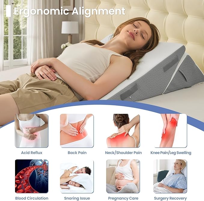 Sasttie Wedge Pillow Set for After Surgery, 2PCS Adjustable Bed Wedge Pillow Headboard with Memory Foam Neck Cushion – for Acid Reflux, Sleeping, Neck & Back Support, Dark Grey & White