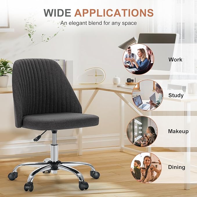 DUMOS Office Chair, Comfy Desk Chair Rolling Vanity Swivel Task Chairs with Wheels, Wide Seating Armless Height Adjustable Computer Chairs for Home,Bedroom,Student,Adults, Graphite