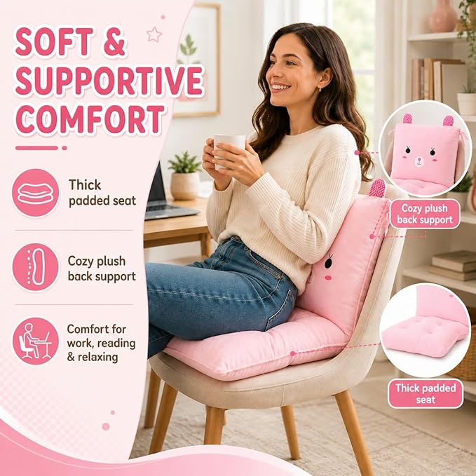 ChezMax Chair Cushion Plush Seat Cushion Back Cushion with Ties, Detachable Thickened Desk Chair Pads, Cartoon Waist Pillow Cushion Decor for Chair Car Office Patio Wheelchair, Cartoon Rabbit