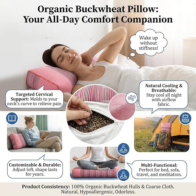 Buckwheat Pillow for Neck Pain Relief 21x8x4in Natural Cooling Cervical Support Adjustable Hull Pillow for Side and Back Sleepers with Night Sweats Organic Hypoallergenic (Light Red)