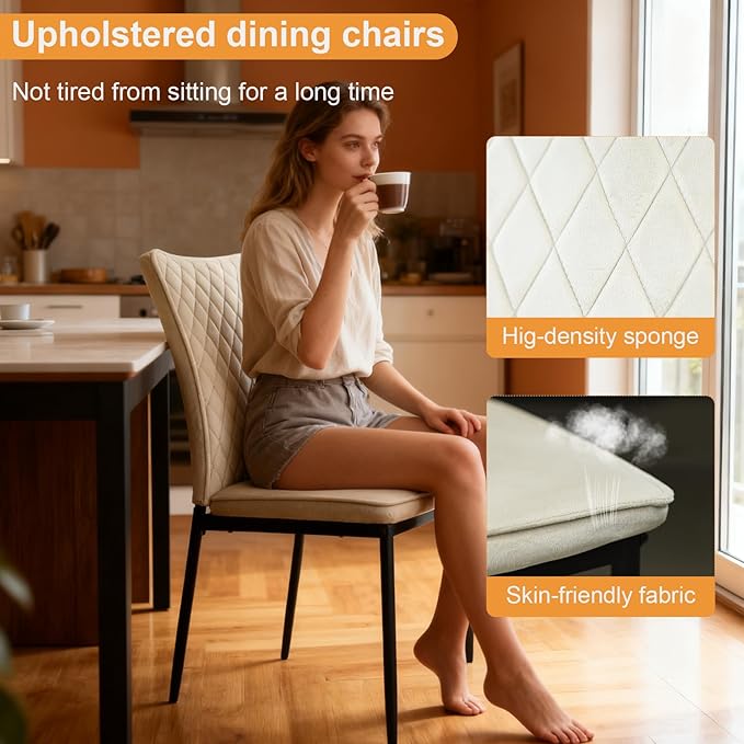 Lightdot Dining Chairs Set of 2, Velvet Comfortable Seats, Mid-Century Modern Living Room Chairs, Upholstered Kitchen Chairs with Wooden Legs and Padded Seat for Bedroom Office, Easy Assembly, Beige