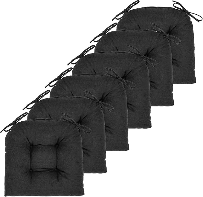 Chair Cushion, Chair Cushions for Dining Chairs, Chair Pads and Mat with Ties for Indoor Kitchen Seat and Desk (Black, 6 Count - 17 x 16 in)