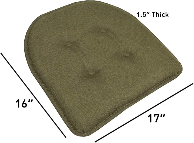 Sweet Home Collection Chair Cushion Memory Foam Pads Tufted Slip Non Skid Rubber Back U-Shaped 17" x 16" Seat Cover, 6 Pack, Army Green, (Pack of 2)