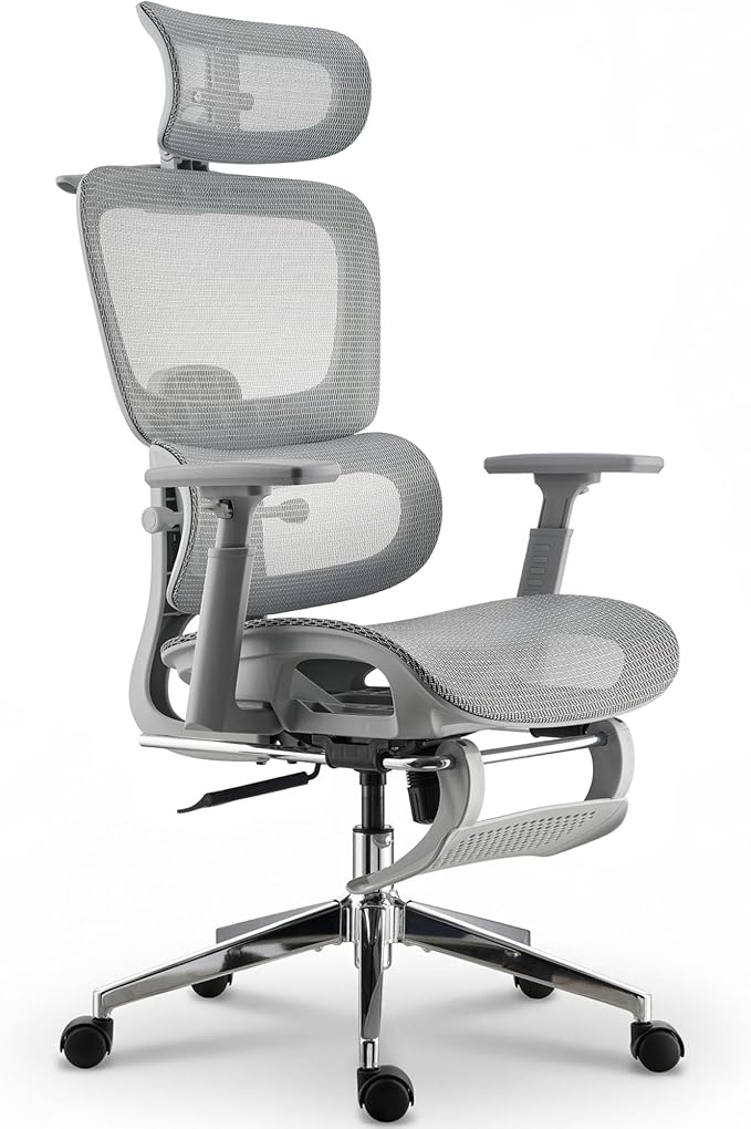 Ergonomic Office Chair, Home Mesh Desk Computer Chair, Comfortable Gaming Chair with Footrest, Wheels, Adjustable 2D Headrest, Lumbar Support, High Back and 3D Armrest, Grey