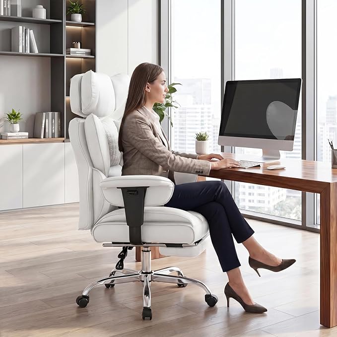 DUMOS Big and Tall Home Office Desk Chair, Gaming Computer Chair, Executive Ergonomic Chair with Footrest, High Back Reclining, Adjustable Armrests and Comfy Lumbar Support, PU Leather, White