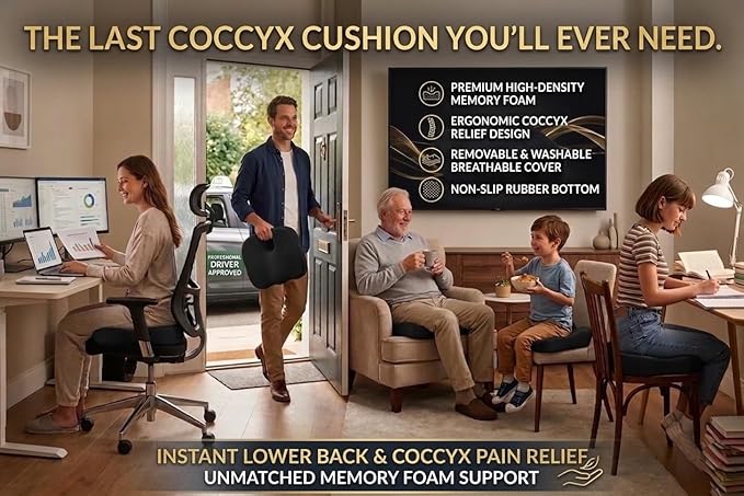 Premium Orthopedic Memory Foam Seat Cushion for Office Chair & Car Seat .Ergonomic U-Shape Coccyx Pillow for Tailbone & Sciatica Pain Relief Lower Back Problems and Long Sitting Comfort. (Black)