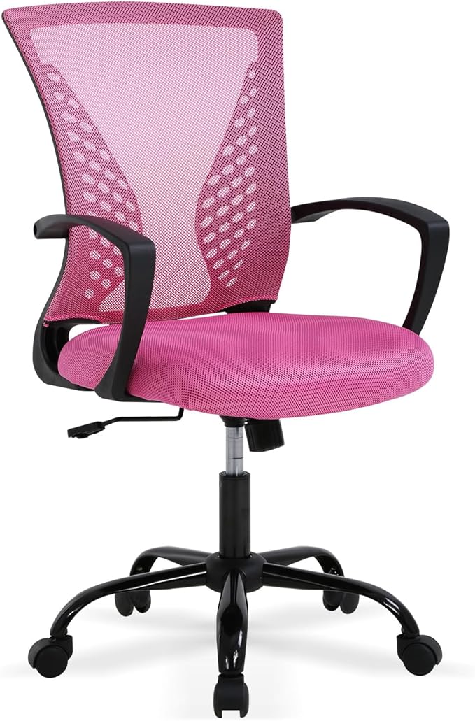 Ergonomic Office Chair - Soft Mesh Computer Chair with Lumbar Support & Adjustable Arms, Modern Mid Back Swivel Chair for Home Office, Comfortable & Stylish for Women (Pink)