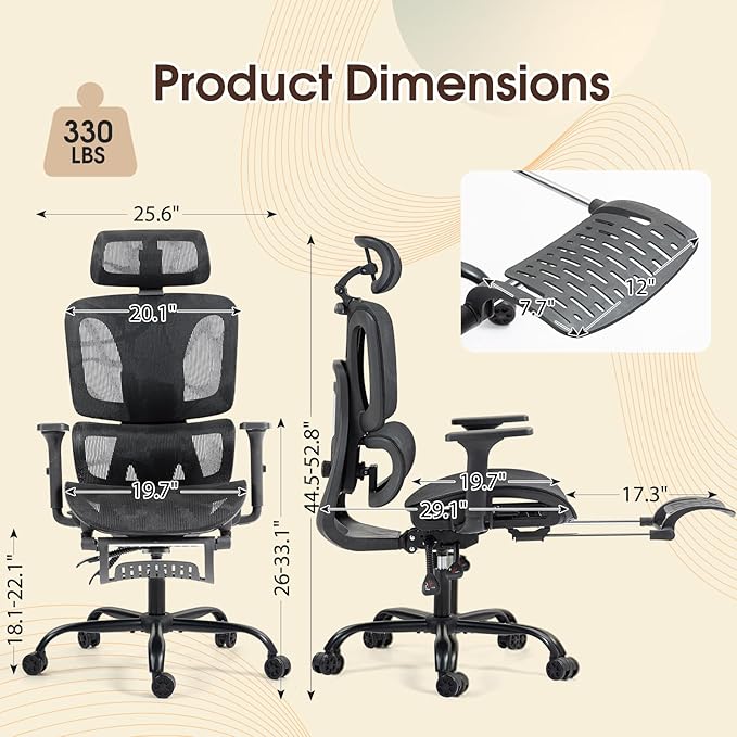 ECOTOUGE Ergonomic Office Chair with Footrest, High Back Mesh Computer Chair with Adjustable Lumbar Support, Rolling Swivel Desk Chair for Home Office, Gaming Chair with Headrest and Wheels, Black