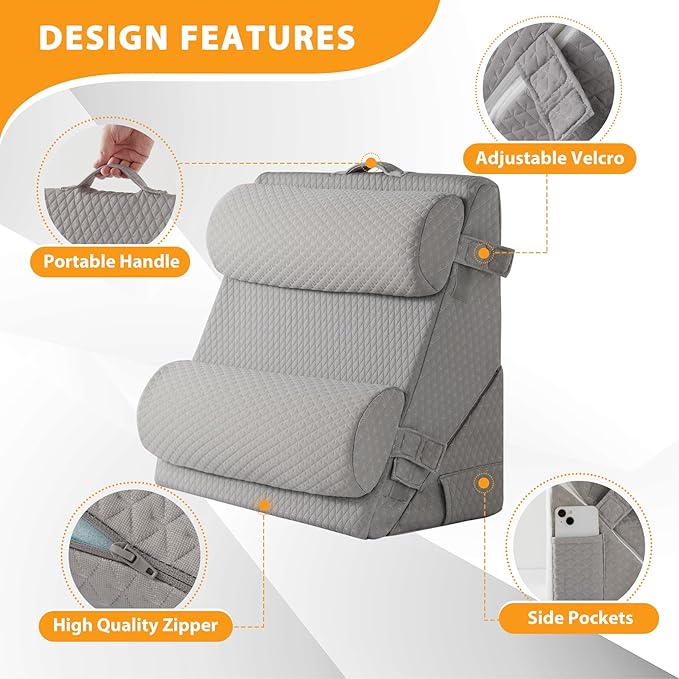 Ruqmuis 4PCS Wedge Pillow Set for After Surgery, Adjustable 9&12 Inch Bed Wedge Pillow for Sleeping, Incline Pillow Wedge for Headboard, Post Surgery, Acid Reflux, Neck&Back Support, Grey