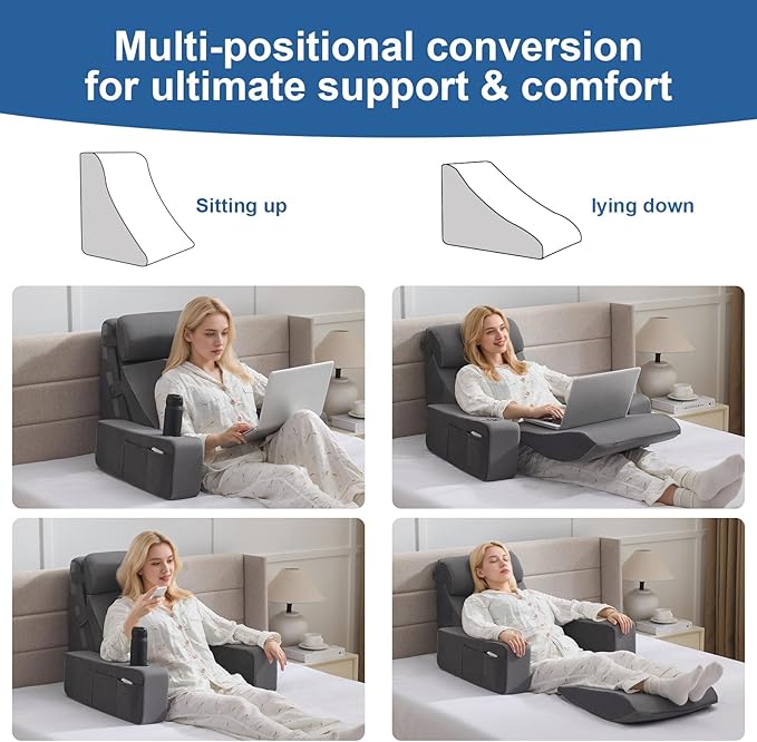 Reading Pillow for Sitting in Bed Adult, Back Pillow for Bed Sitting up with Arms, Pockets and Cup Holder, Sit Up Backrest Pillows for Beds Chair Support, Rest Pillow for Gaming