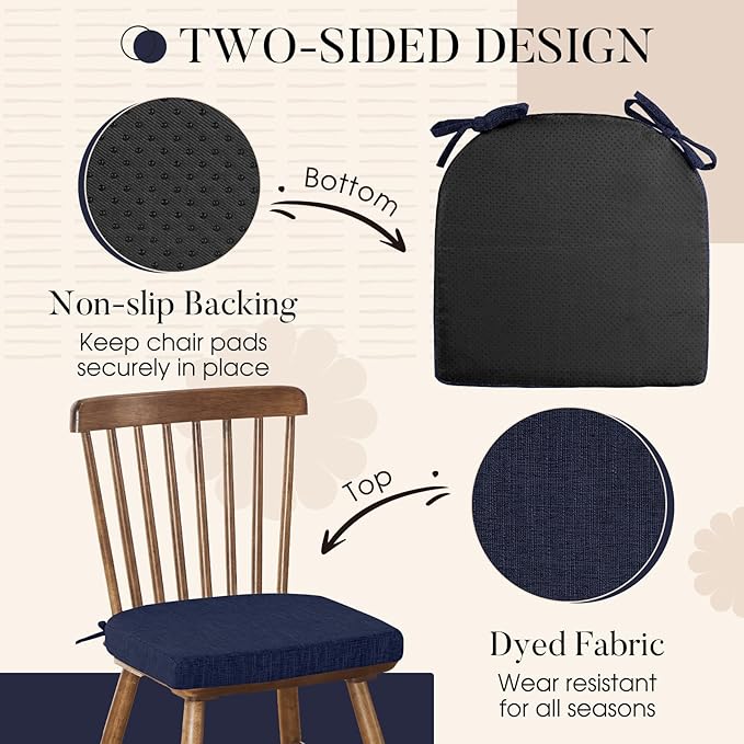 Basic Beyond Memory Foam Dining Chair Cushions, 6 Pack - Navy, 16 x 16 inches, Slip Resistant with Ties, Indoor Use, Modern Style, Resilient